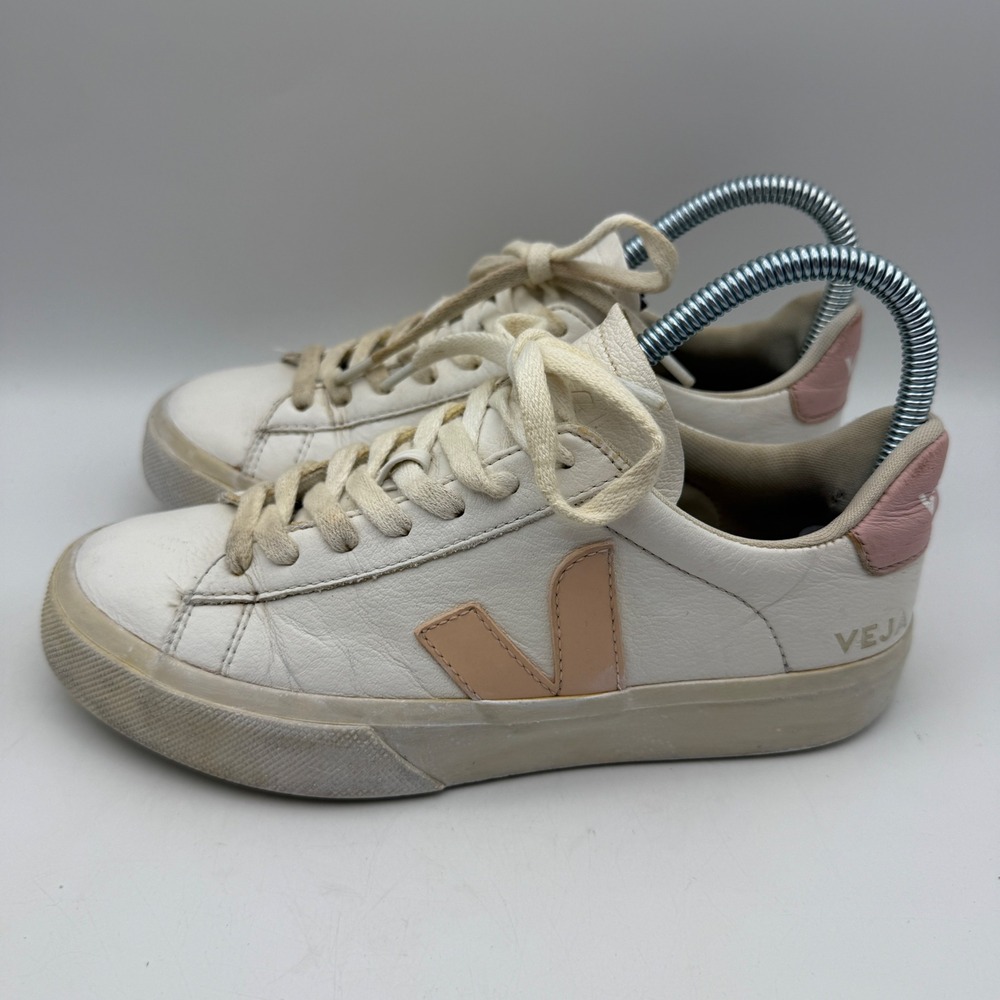 Veja Campo Sneakers Womens 6 White Peach Pink Leather Low Top Lace Up Shoes